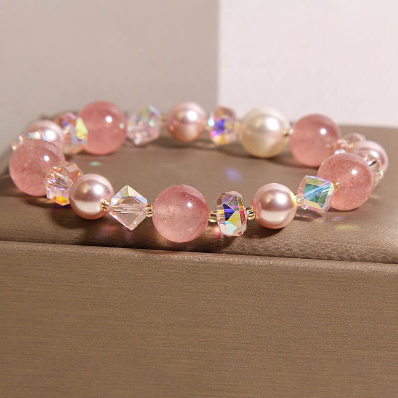 Wear FengShui Natural Strawberry Quartz White Crystal Pearl Positive Bracelet