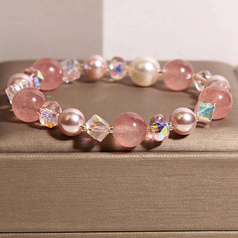 Wear FengShui Natural Strawberry Quartz White Crystal Pearl Positive Bracelet