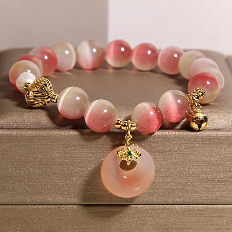 Wear FengShui Natural Peace Buckle Gradient Pink Cat's Eye Yanyuan Agate Peace Bracelet