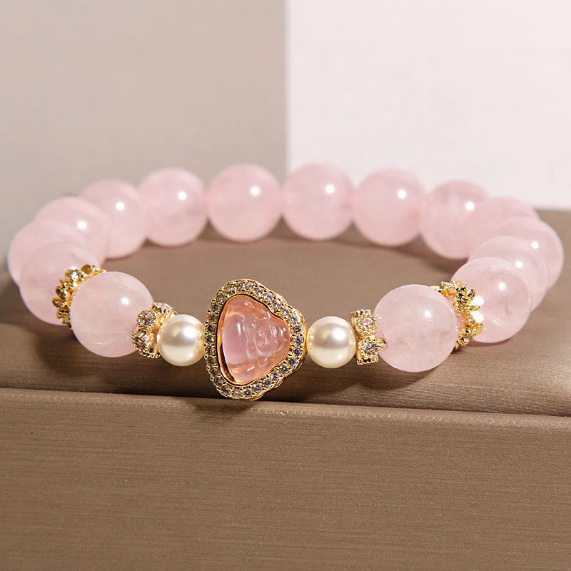 Wear FengShui Natural Buddha Symbol Pink Crystal Pearl Warmth Bracelet