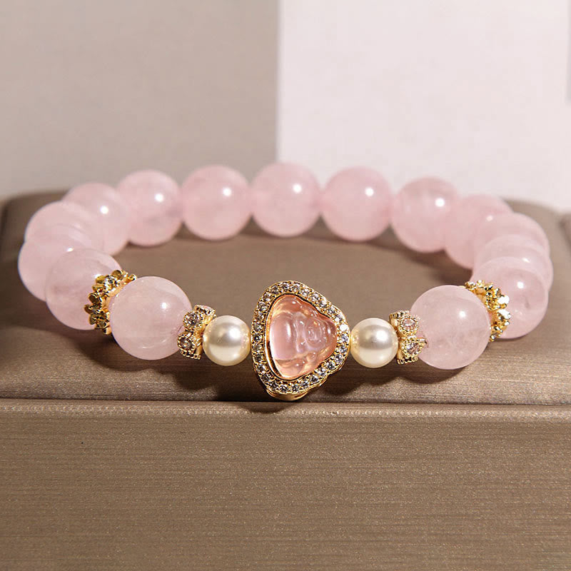 Wear FengShui Natural Buddha Symbol Pink Crystal Pearl Warmth Bracelet
