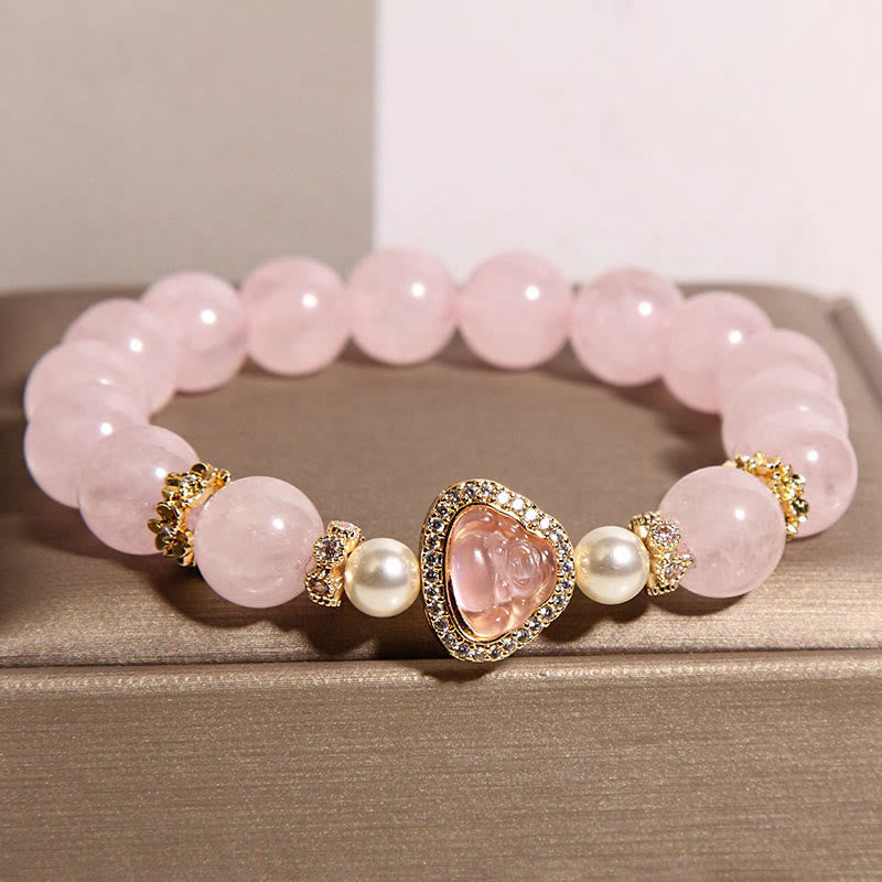 Wear FengShui Natural Buddha Symbol Pink Crystal Pearl Warmth Bracelet