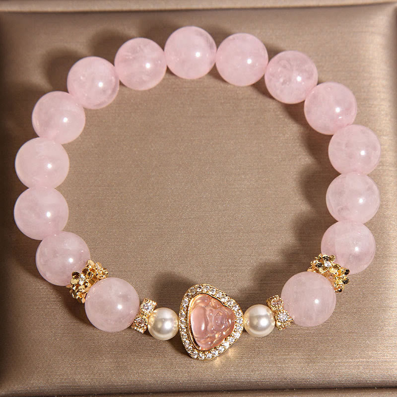 Wear FengShui Natural Buddha Symbol Pink Crystal Pearl Warmth Bracelet