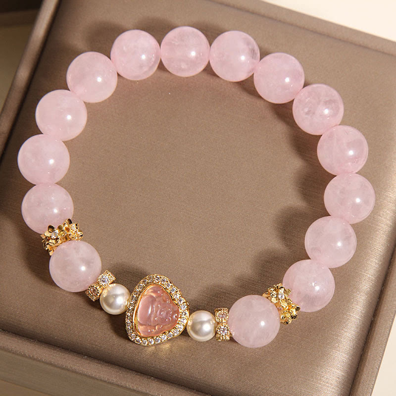 Wear FengShui Natural Buddha Symbol Pink Crystal Pearl Warmth Bracelet