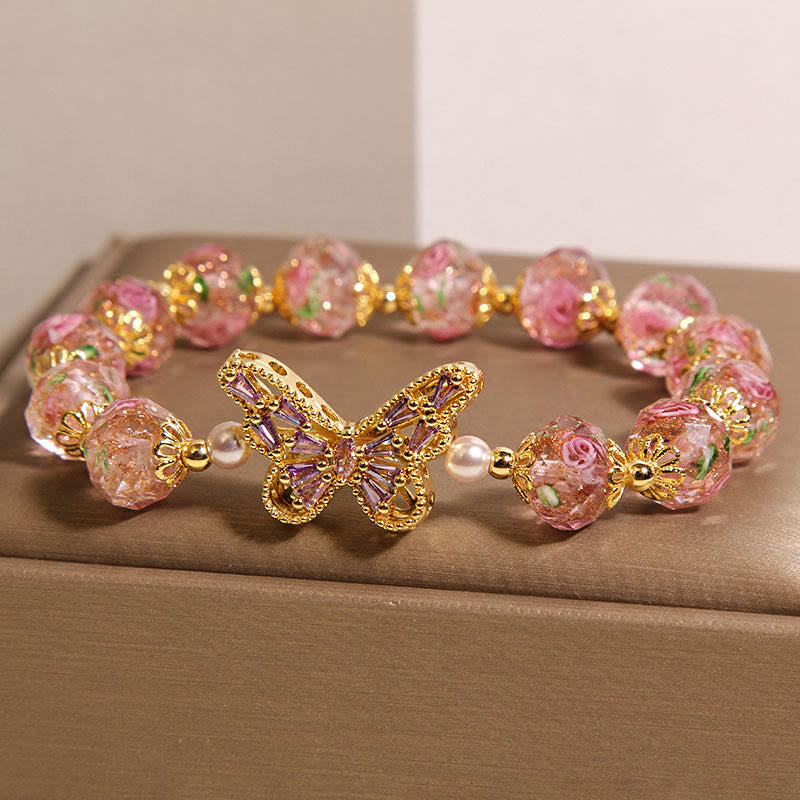 Wear FengShui Natural Butterfly Rose Design Pink Crystal Warmth Bracelet