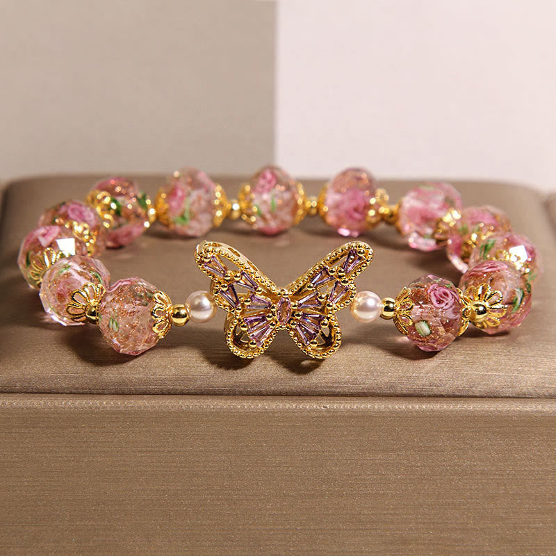 Wear FengShui Natural Butterfly Rose Design Pink Crystal Warmth Bracelet