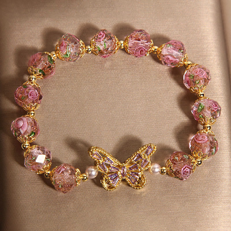 Wear FengShui Natural Butterfly Rose Design Pink Crystal Warmth Bracelet