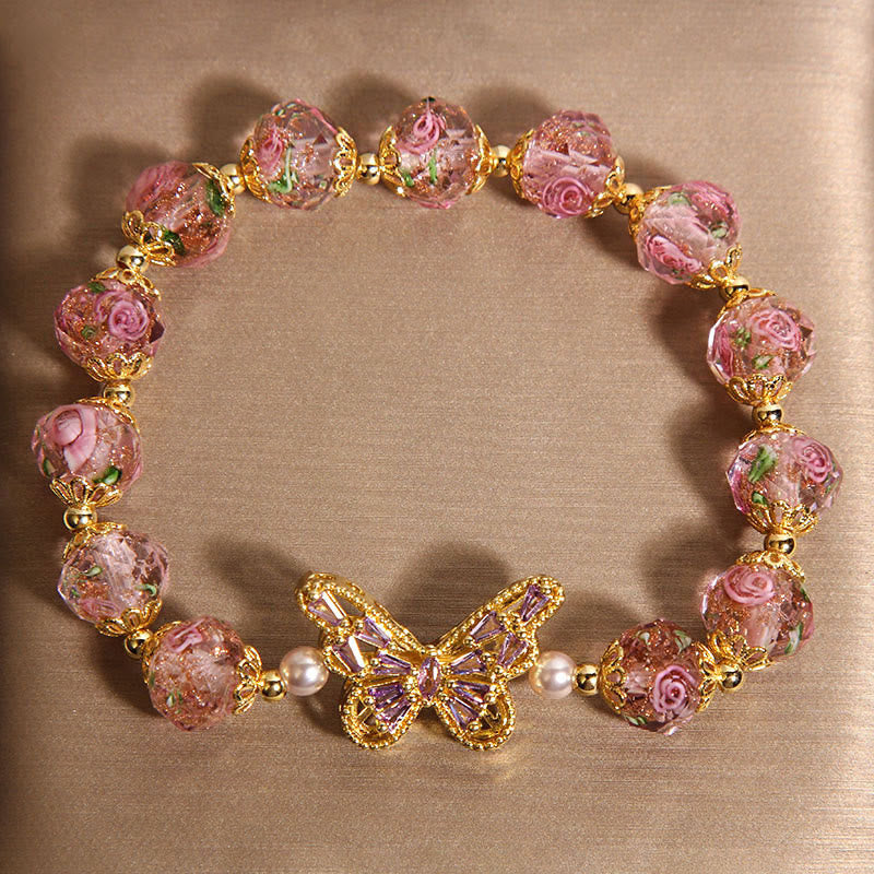 Wear FengShui Natural Butterfly Rose Design Pink Crystal Warmth Bracelet