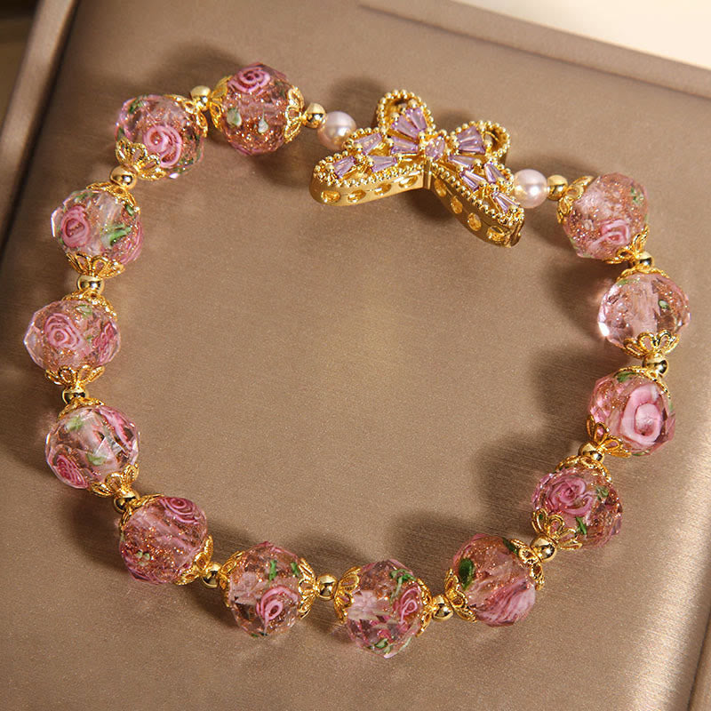 Wear FengShui Natural Butterfly Rose Design Pink Crystal Warmth Bracelet