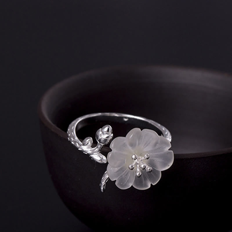 Wear FengShui Natural White Crystal Flower 925 Sterling Silver Adjustable Healing Ring