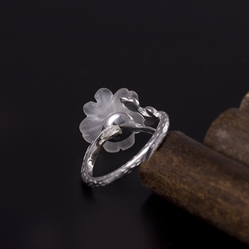 Wear FengShui Natural White Crystal Flower 925 Sterling Silver Adjustable Healing Ring