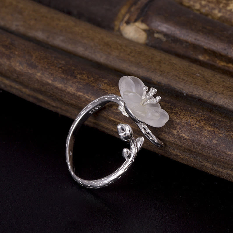 Wear FengShui Natural White Crystal Flower 925 Sterling Silver Adjustable Healing Ring