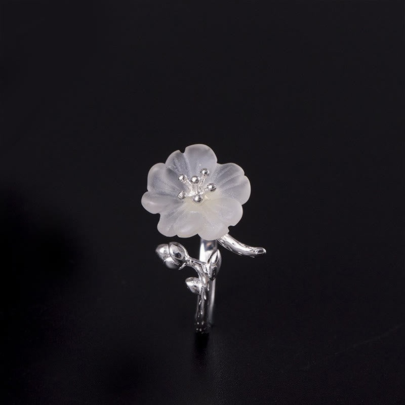Wear FengShui Natural White Crystal Flower 925 Sterling Silver Adjustable Healing Ring