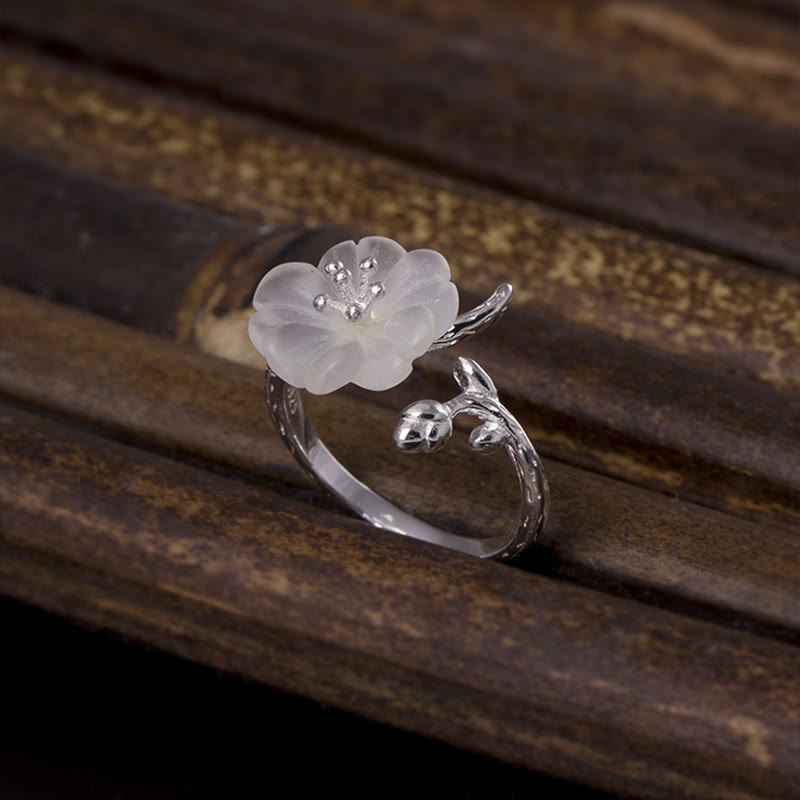 Wear FengShui Natural White Crystal Flower 925 Sterling Silver Adjustable Healing Ring
