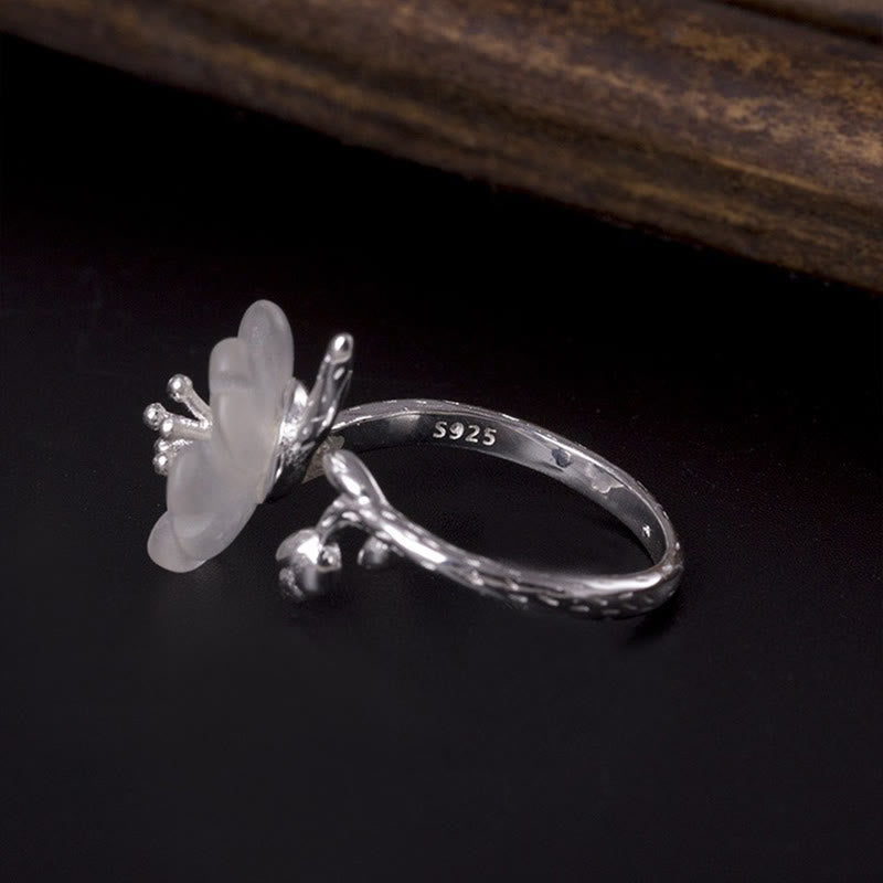 Wear FengShui Natural White Crystal Flower 925 Sterling Silver Adjustable Healing Ring