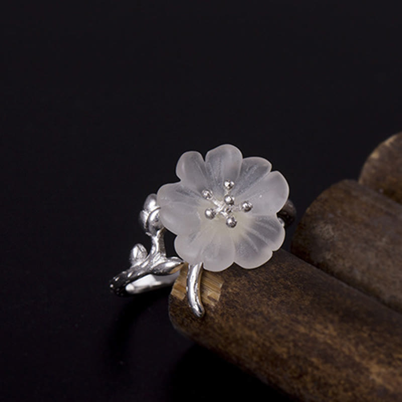 Wear FengShui Natural White Crystal Flower 925 Sterling Silver Adjustable Healing Ring