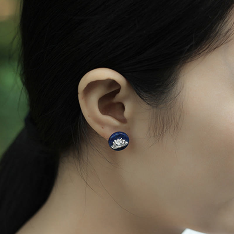 Wear FengShui Lazurite 925 Sterling Silver Lotus Pattern Enlightenment Earrings