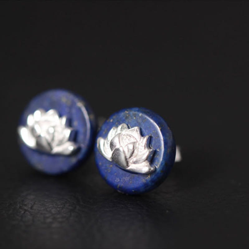 Wear FengShui Lazurite 925 Sterling Silver Lotus Pattern Enlightenment Earrings