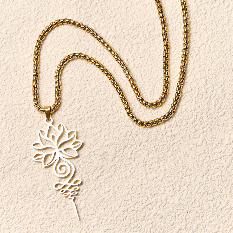 Wear FengShui Lotus Unalome Chakra Symbol Design Stainless Steel Enlightenment Necklace Pendant
