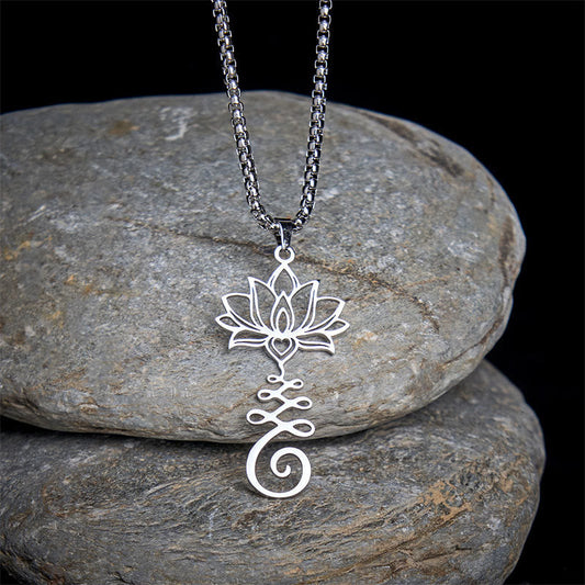 Wear FengShui Chakra Symbol Irregular Design Lotus Stainless Steel Enlightenment Necklace Pendant