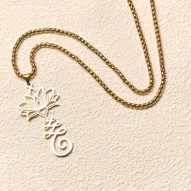 Wear FengShui Chakra Symbol Irregular Design Lotus Stainless Steel Enlightenment Necklace Pendant