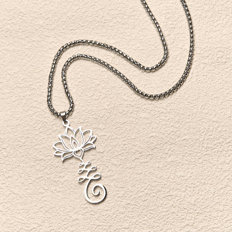 Wear FengShui Chakra Symbol Irregular Design Lotus Stainless Steel Enlightenment Necklace Pendant