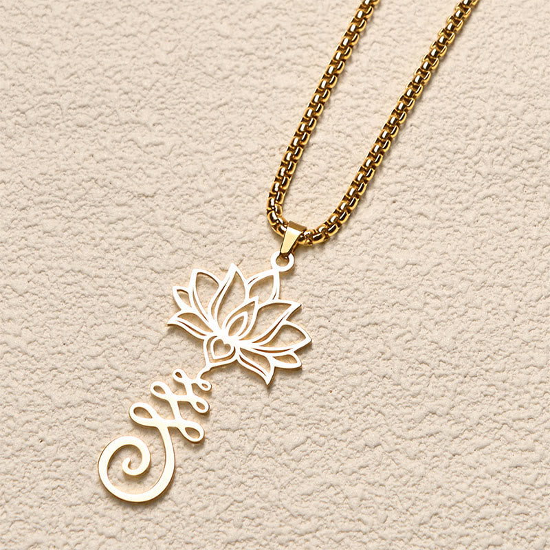 Wear FengShui Chakra Symbol Irregular Design Lotus Stainless Steel Enlightenment Necklace Pendant