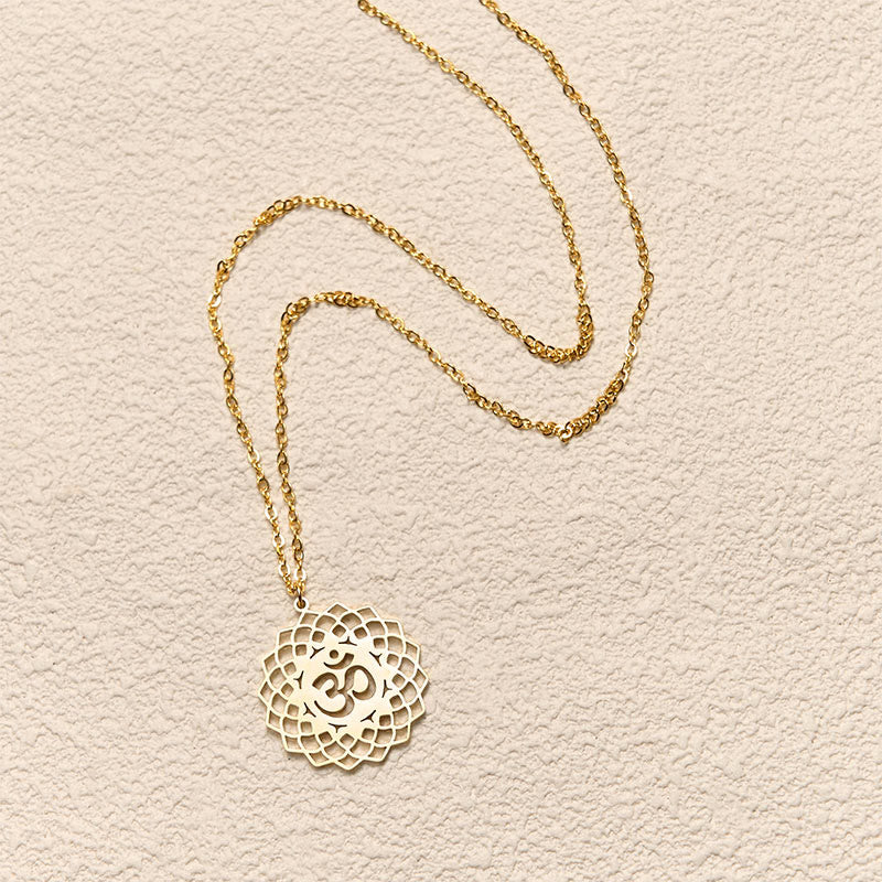 Wear FengShui Hollow Lotus Design Om Symbol Stainless Steel Connection Necklace Pendant