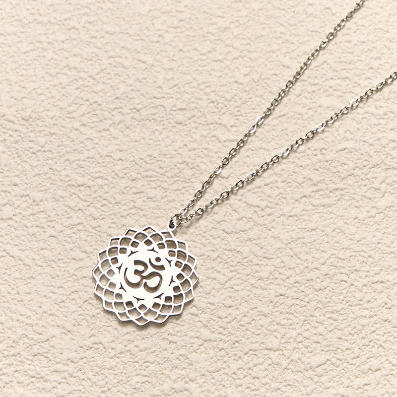 Wear FengShui Hollow Lotus Design Om Symbol Stainless Steel Connection Necklace Pendant