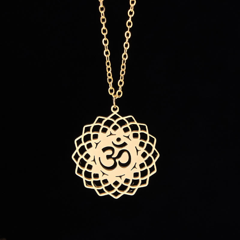 Wear FengShui Hollow Lotus Design Om Symbol Stainless Steel Connection Necklace Pendant