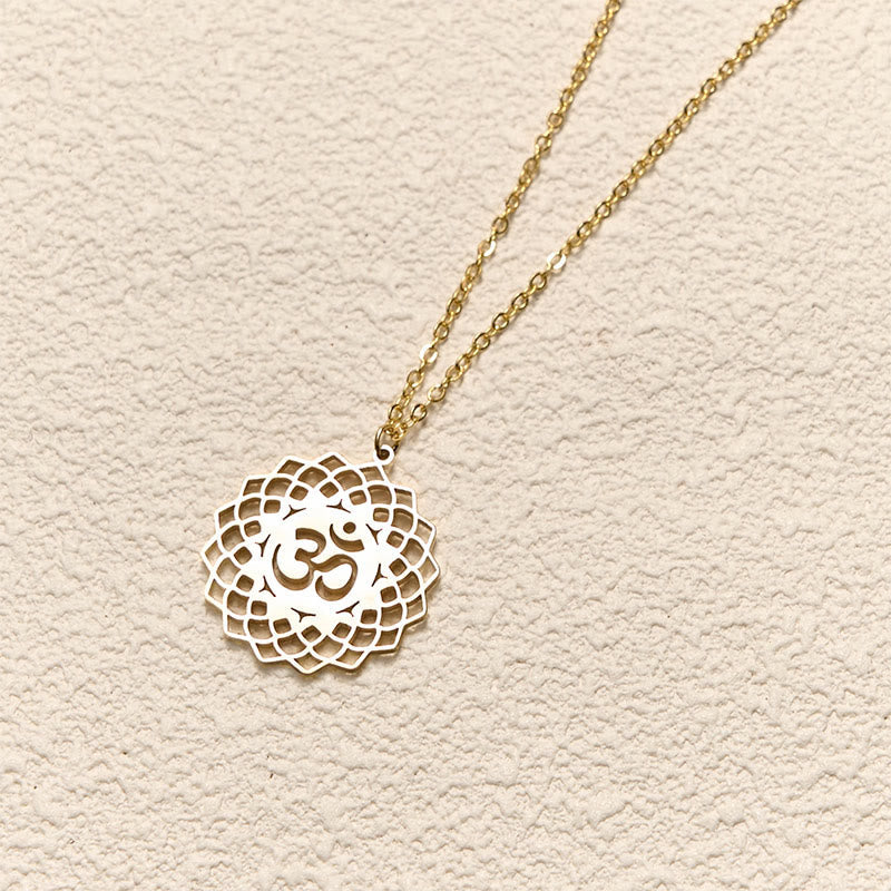 Wear FengShui Hollow Lotus Design Om Symbol Stainless Steel Connection Necklace Pendant
