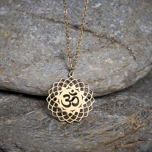Wear FengShui Hollow Lotus Design Om Symbol Stainless Steel Connection Necklace Pendant
