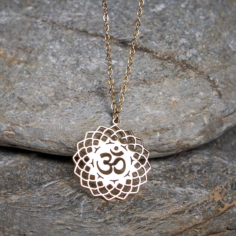 Wear FengShui Hollow Lotus Design Om Symbol Stainless Steel Connection Necklace Pendant