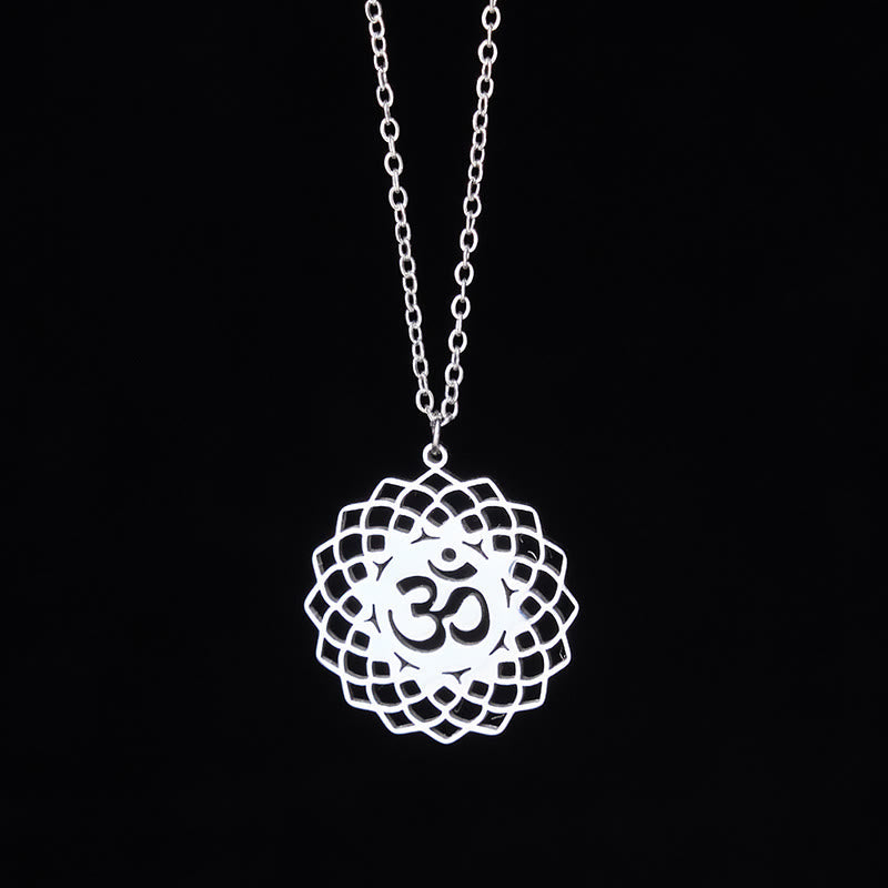 Wear FengShui Hollow Lotus Design Om Symbol Stainless Steel Connection Necklace Pendant