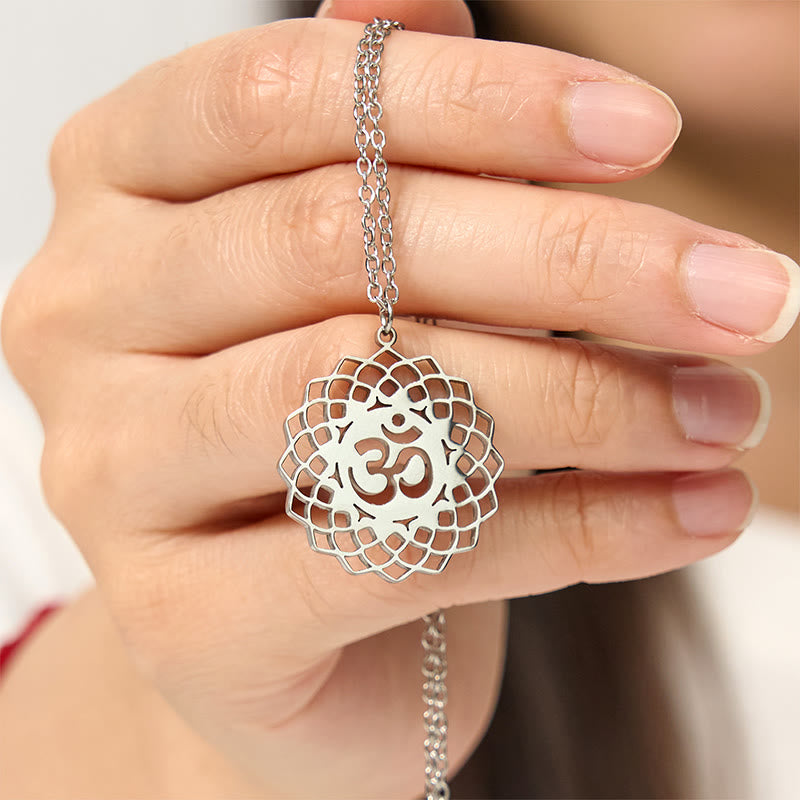Wear FengShui Hollow Lotus Design Om Symbol Stainless Steel Connection Necklace Pendant
