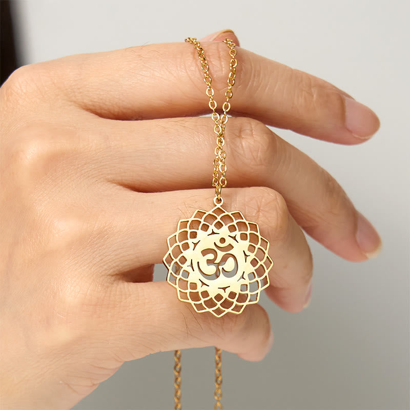 Wear FengShui Hollow Lotus Design Om Symbol Stainless Steel Connection Necklace Pendant