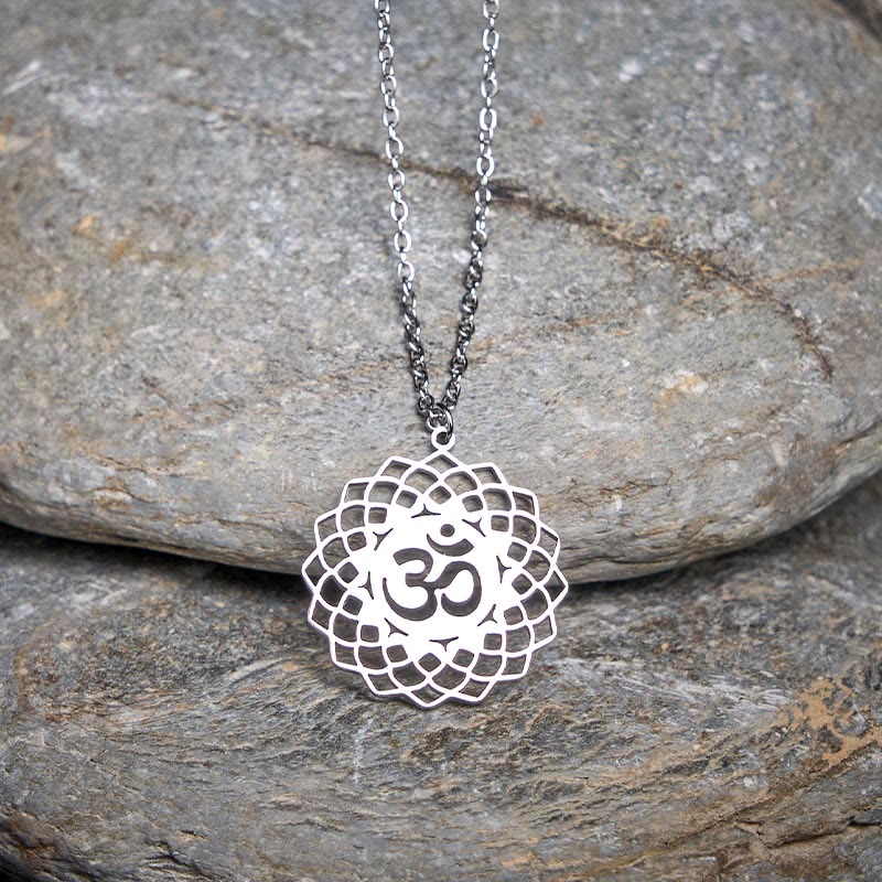 Wear FengShui Hollow Lotus Design Om Symbol Stainless Steel Connection Necklace Pendant