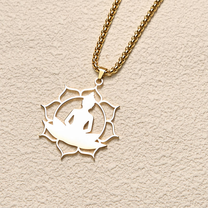 Wear FengShui Vintage Lotus Sitting Buddha Design Stainless Steel Enlightenment Necklace Pendant