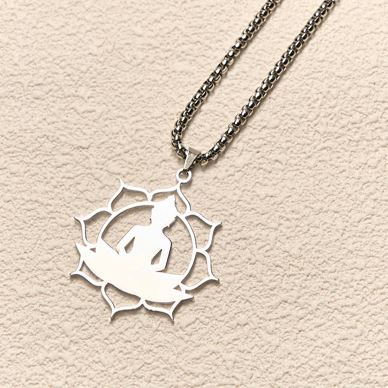 Wear FengShui Vintage Lotus Sitting Buddha Design Stainless Steel Enlightenment Necklace Pendant