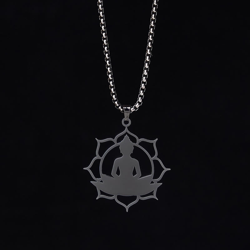 Wear FengShui Vintage Lotus Sitting Buddha Design Stainless Steel Enlightenment Necklace Pendant