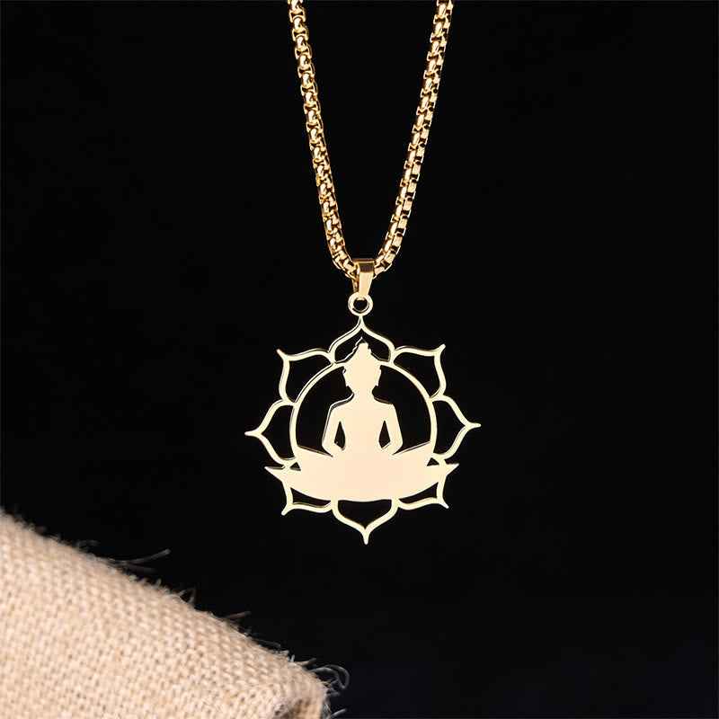 Wear FengShui Vintage Lotus Sitting Buddha Design Stainless Steel Enlightenment Necklace Pendant