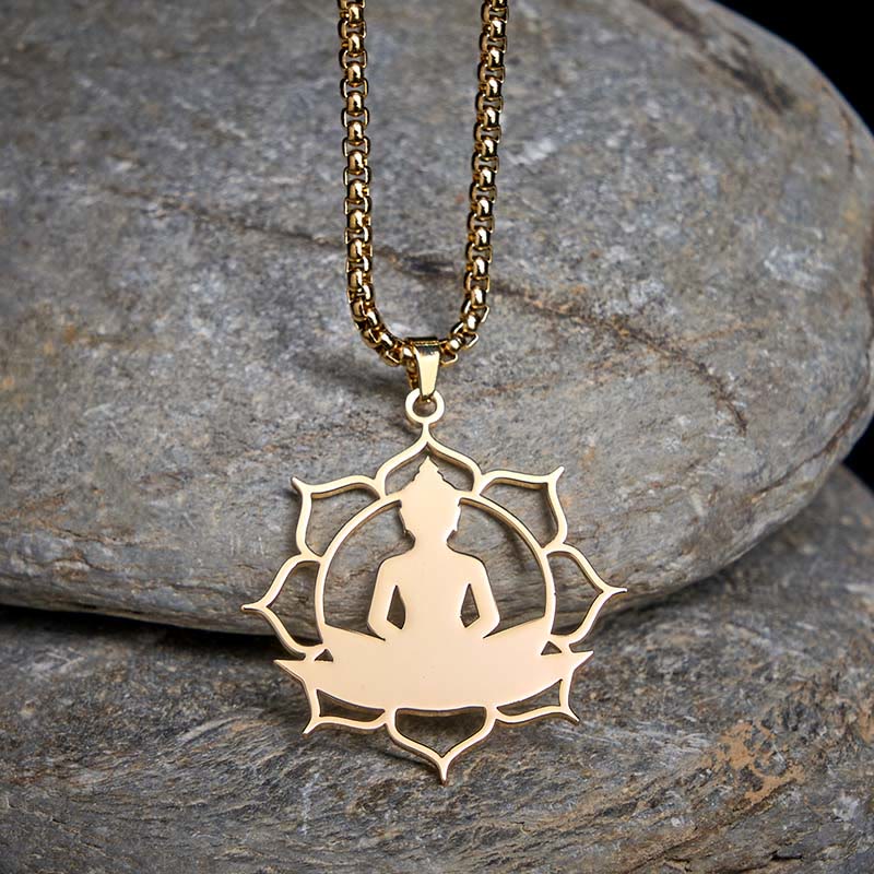 Wear FengShui Vintage Lotus Sitting Buddha Design Stainless Steel Enlightenment Necklace Pendant
