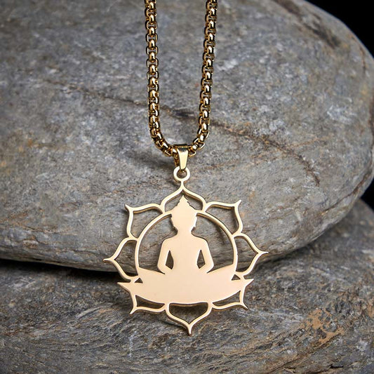 Wear FengShui Vintage Lotus Sitting Buddha Design Stainless Steel Enlightenment Necklace Pendant