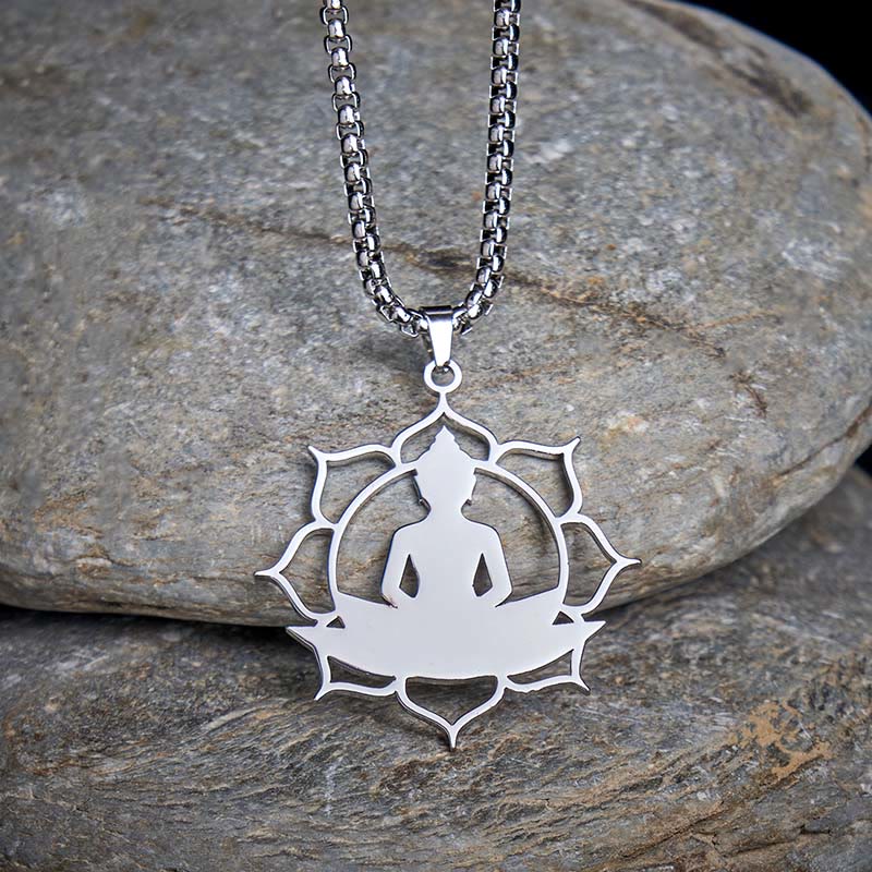 Wear FengShui Vintage Lotus Sitting Buddha Design Stainless Steel Enlightenment Necklace Pendant