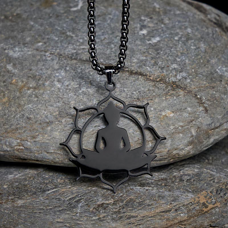 Wear FengShui Vintage Lotus Sitting Buddha Design Stainless Steel Enlightenment Necklace Pendant