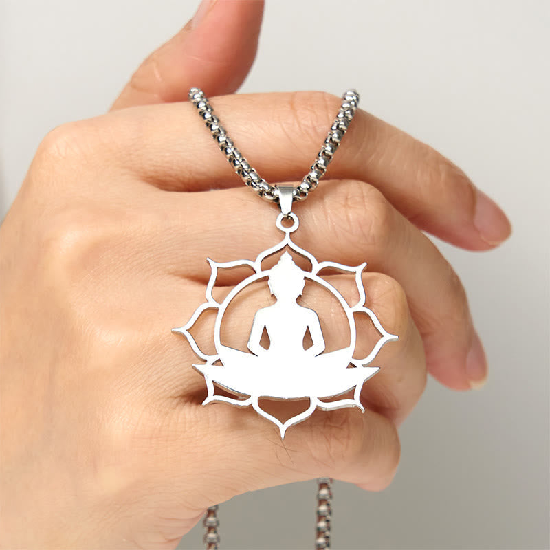 Wear FengShui Vintage Lotus Sitting Buddha Design Stainless Steel Enlightenment Necklace Pendant