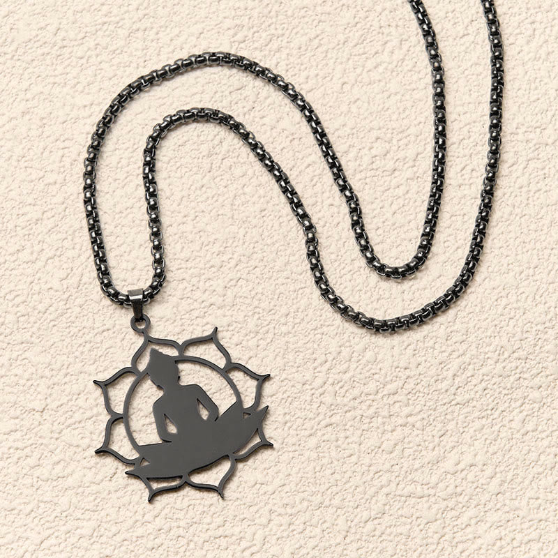 Wear FengShui Vintage Lotus Sitting Buddha Design Stainless Steel Enlightenment Necklace Pendant