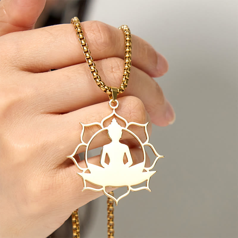 Wear FengShui Vintage Lotus Sitting Buddha Design Stainless Steel Enlightenment Necklace Pendant