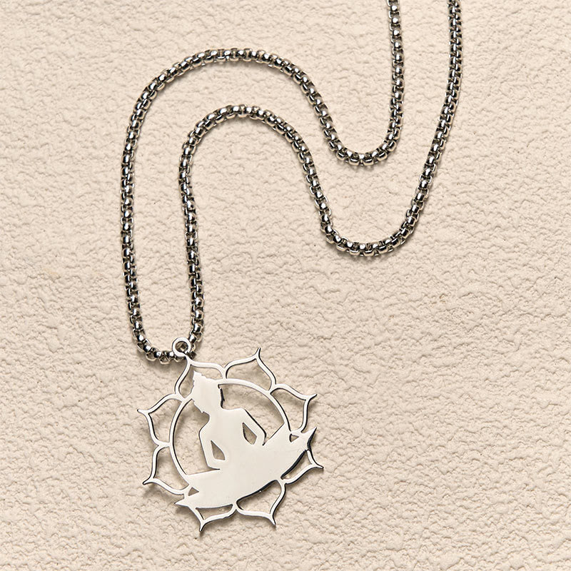 Wear FengShui Vintage Lotus Sitting Buddha Design Stainless Steel Enlightenment Necklace Pendant