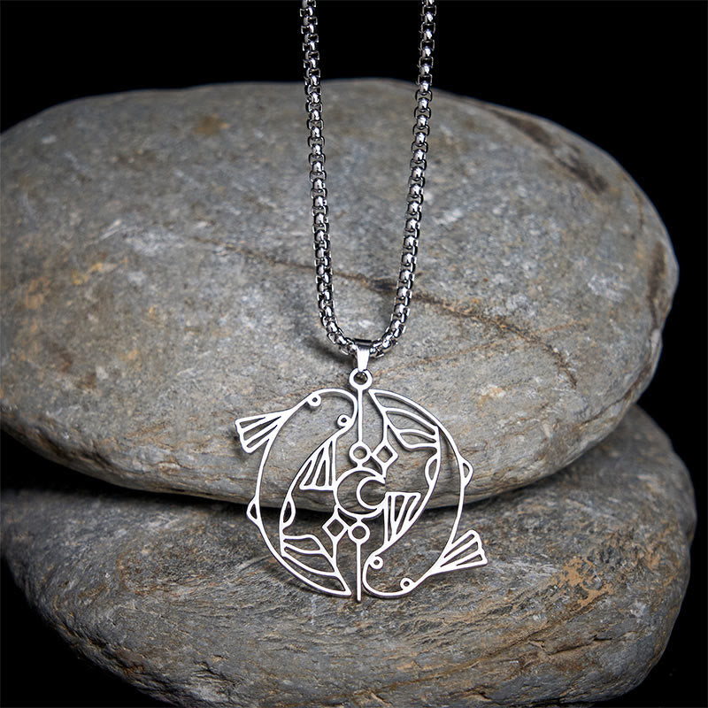 Wear FengShui Vintage Koi Fish Hollow Design Stainless Steel Luck Necklace Pendant